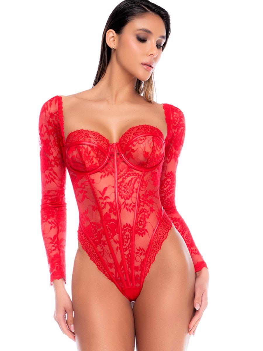 Red lace bodysuit with long sleeves, underwire cups, and boning details.