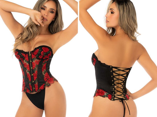 Black and red strapless corset with red rose embroidery, front busk closure, and lace-up back.