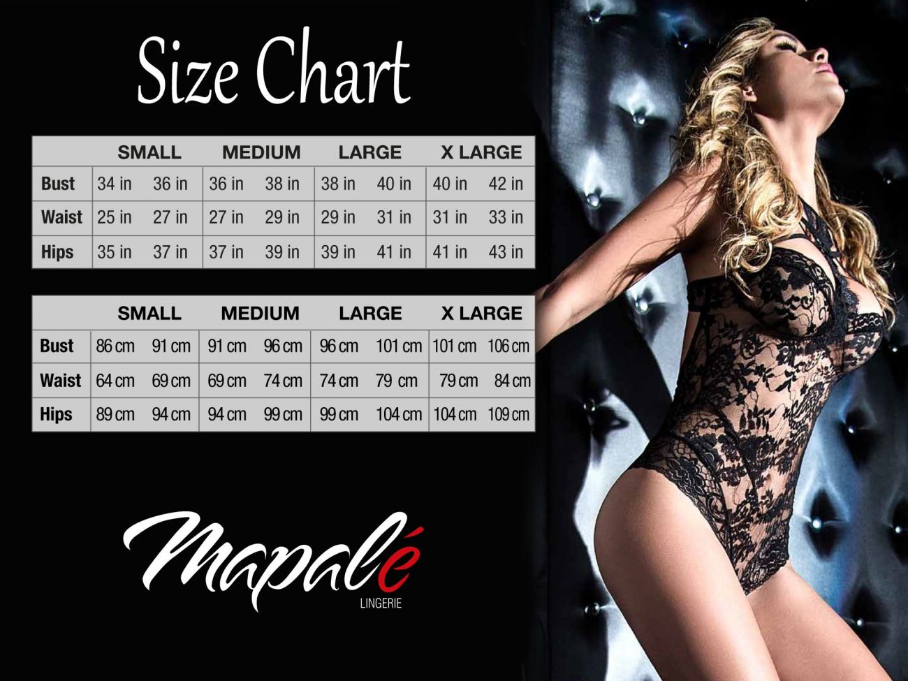 Mapale size chart displaying bust, waist, and hip measurements in inches and centimeters next to a lingerie model.