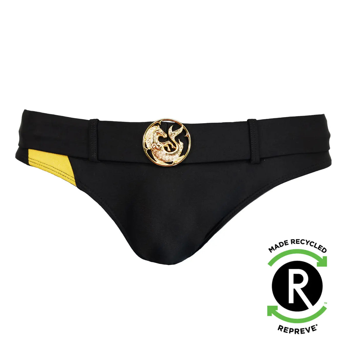 Black men's swim briefs with a gold medallion detail and yellow side panel made from recycled material by Maris Equi