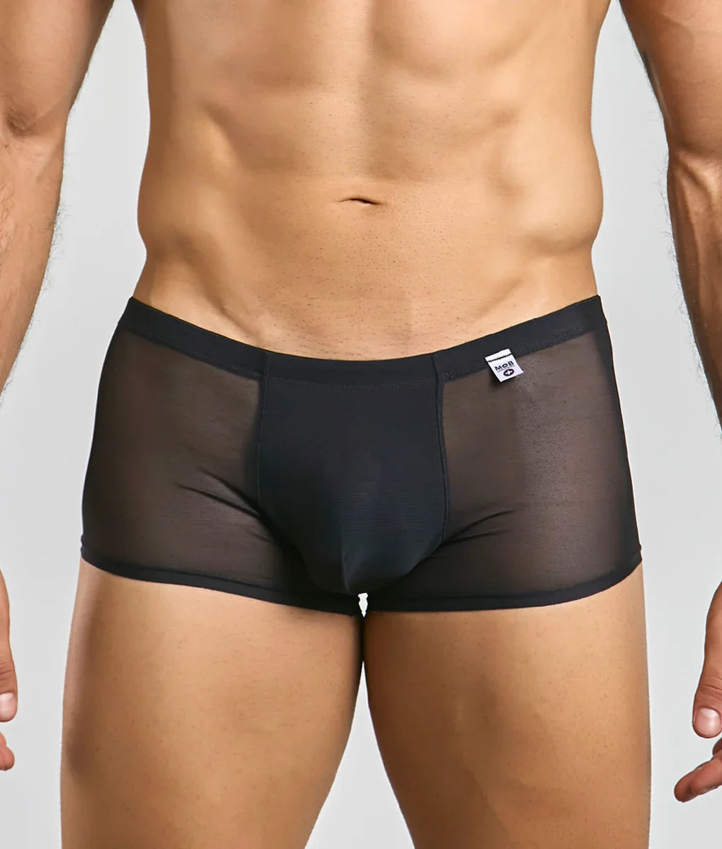 Black men’s mesh lace pouch trunk briefs with sheer mesh fabric solid waistband and small white brand tag