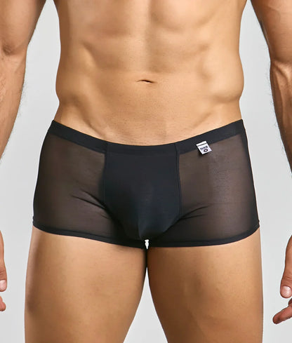 Black men’s mesh lace pouch trunk briefs with sheer mesh fabric solid waistband and small white brand tag