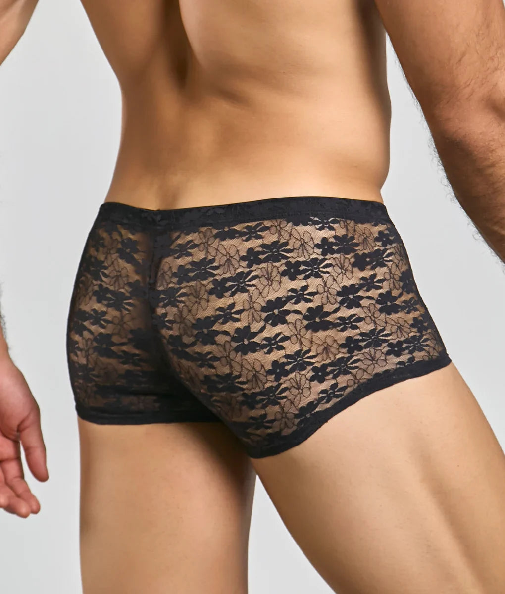Men’s mesh lace pouch trunk in black floral lace with sheer patterned design and solid black waistband