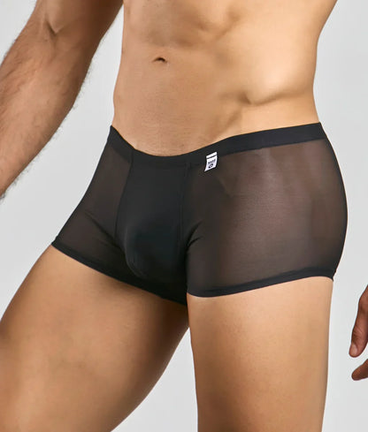 Men’s mesh lace pouch trunk in black sheer mesh with a solid waistband and white brand tag
