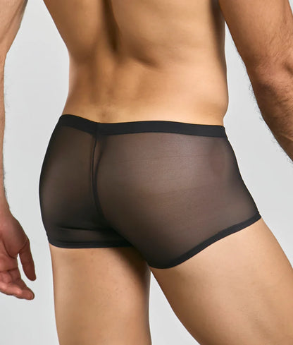 Men’s mesh lace pouch trunk in black sheer mesh with a solid black waistband showing the front view