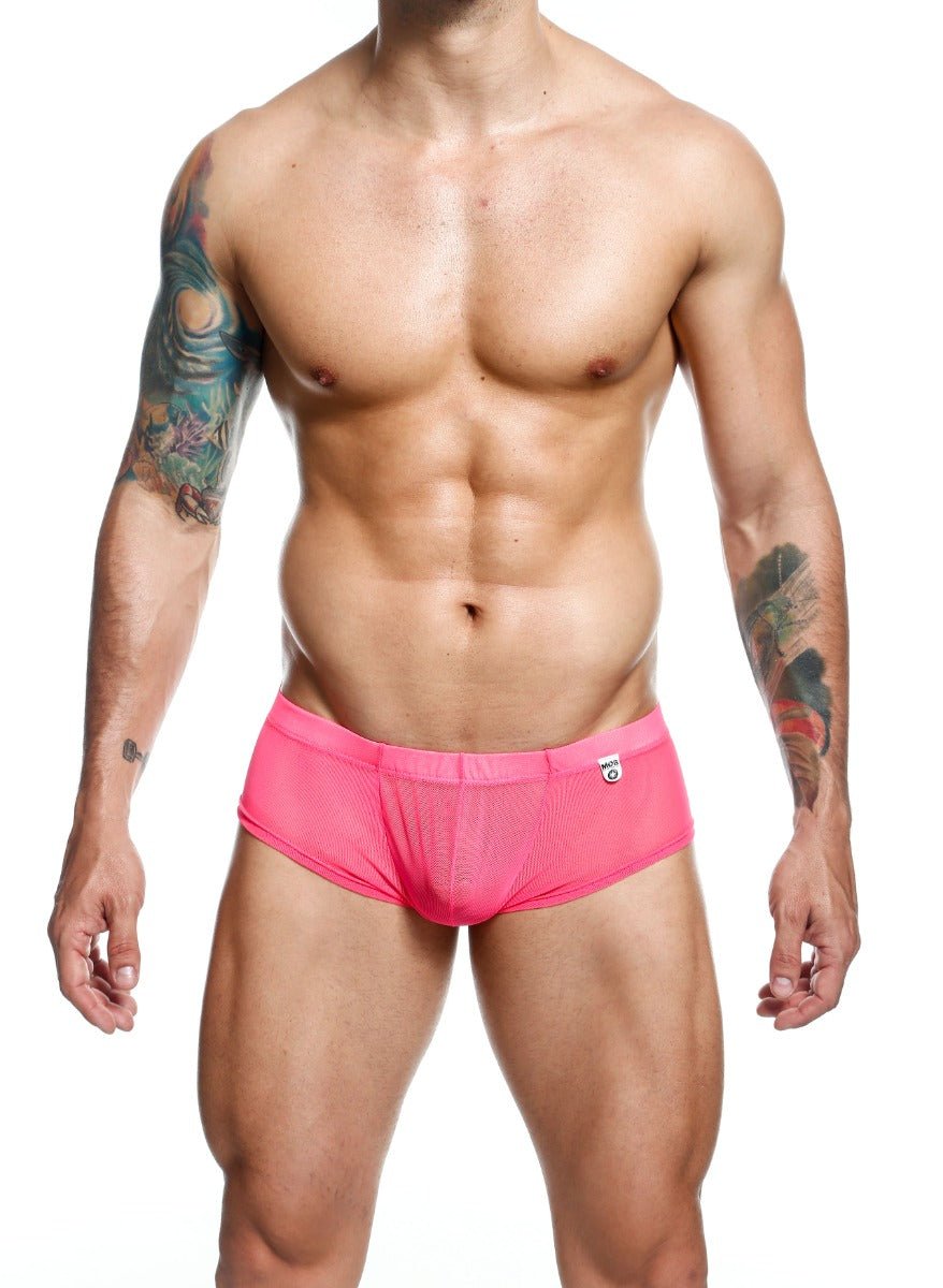 Men’s sheer hip brief bright pink mesh swim trunks with snug fit and small logo on waistband final sale product image