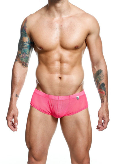 Men’s sheer hip brief bright pink mesh swim trunks with snug fit and small logo on waistband final sale product image