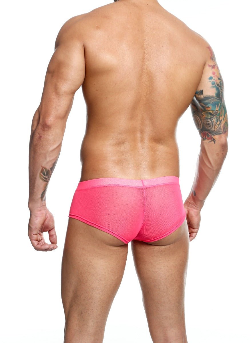 Men’s bright pink sheer mesh hip briefs with a solid pink waistband ideal for final sale purchase