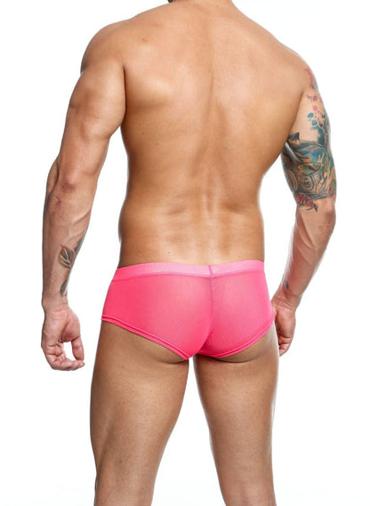 Men’s bright pink sheer mesh hip briefs with a solid pink waistband ideal for final sale purchase