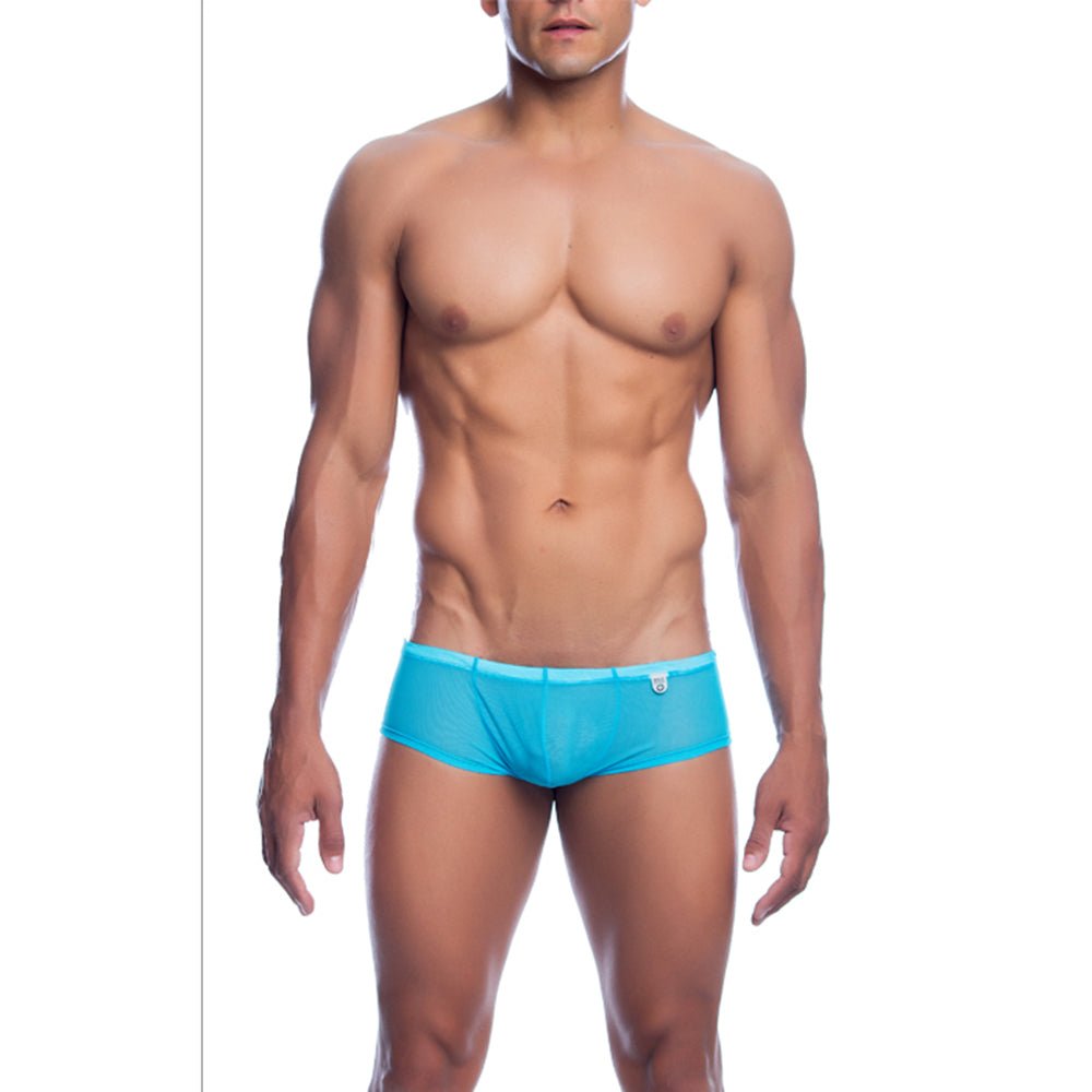 Men’s sheer hip brief in bright turquoise mesh with subtle logo on waistband for final sale