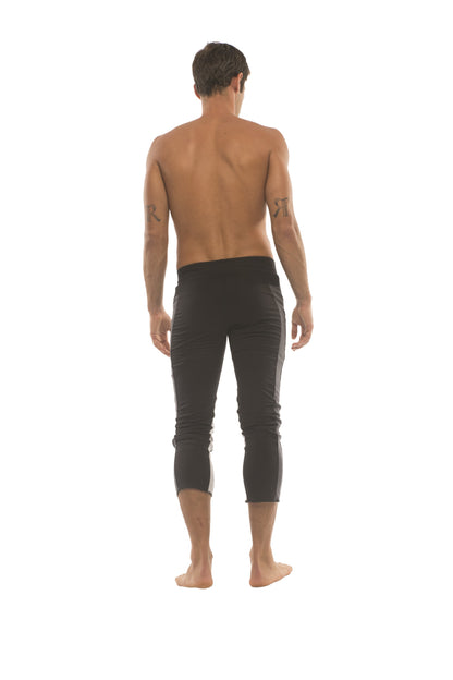 Mens black capri yoga pants with sleek form fitting design and subtle charcoal and grey side stripes