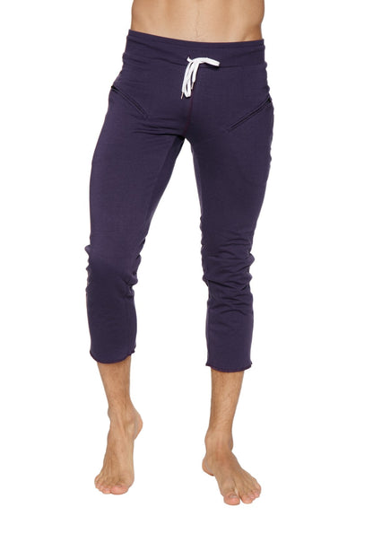 Navy blue cropped jogger pants with white drawstring waistband and side pockets for men capri yoga wear