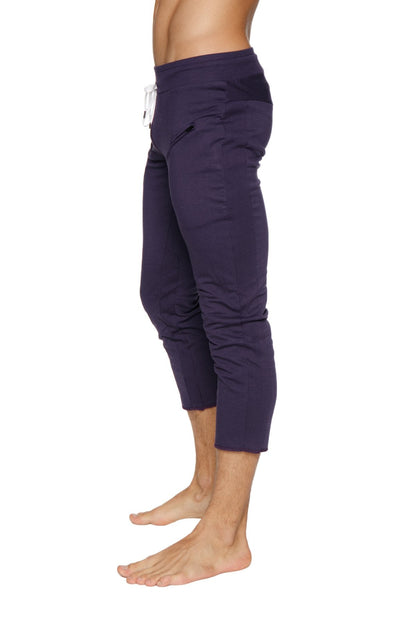 Mens 4/5 zipper pocket navy blue capri yoga pants with white drawstring waistband and side pockets