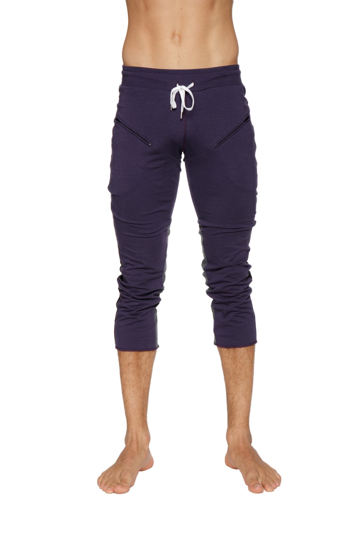 Mens navy blue capri athletic pants with white drawstring waistband and side pockets for yoga and casual wear