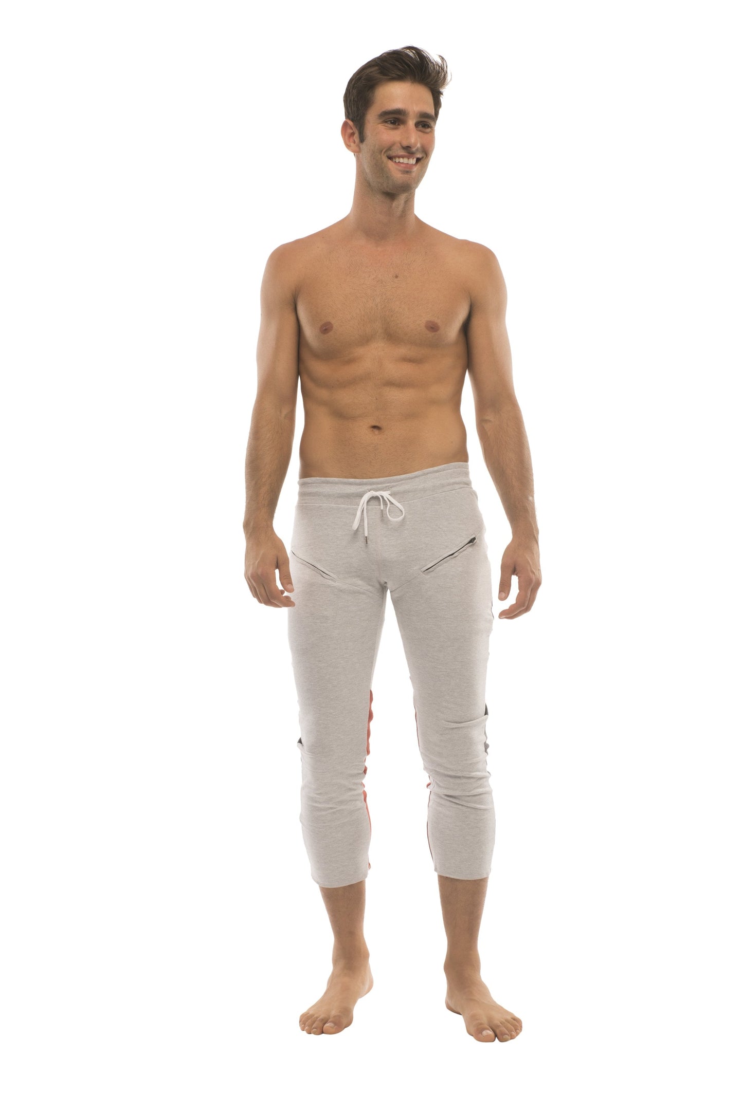 Light gray cropped mens capri yoga pants with white drawstring and side zippered pockets for active wear
