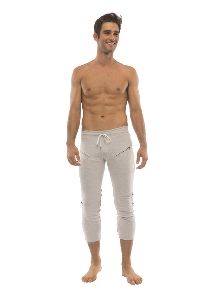 Light gray cropped mens capri yoga pants with white drawstring and side zippered pockets for active wear