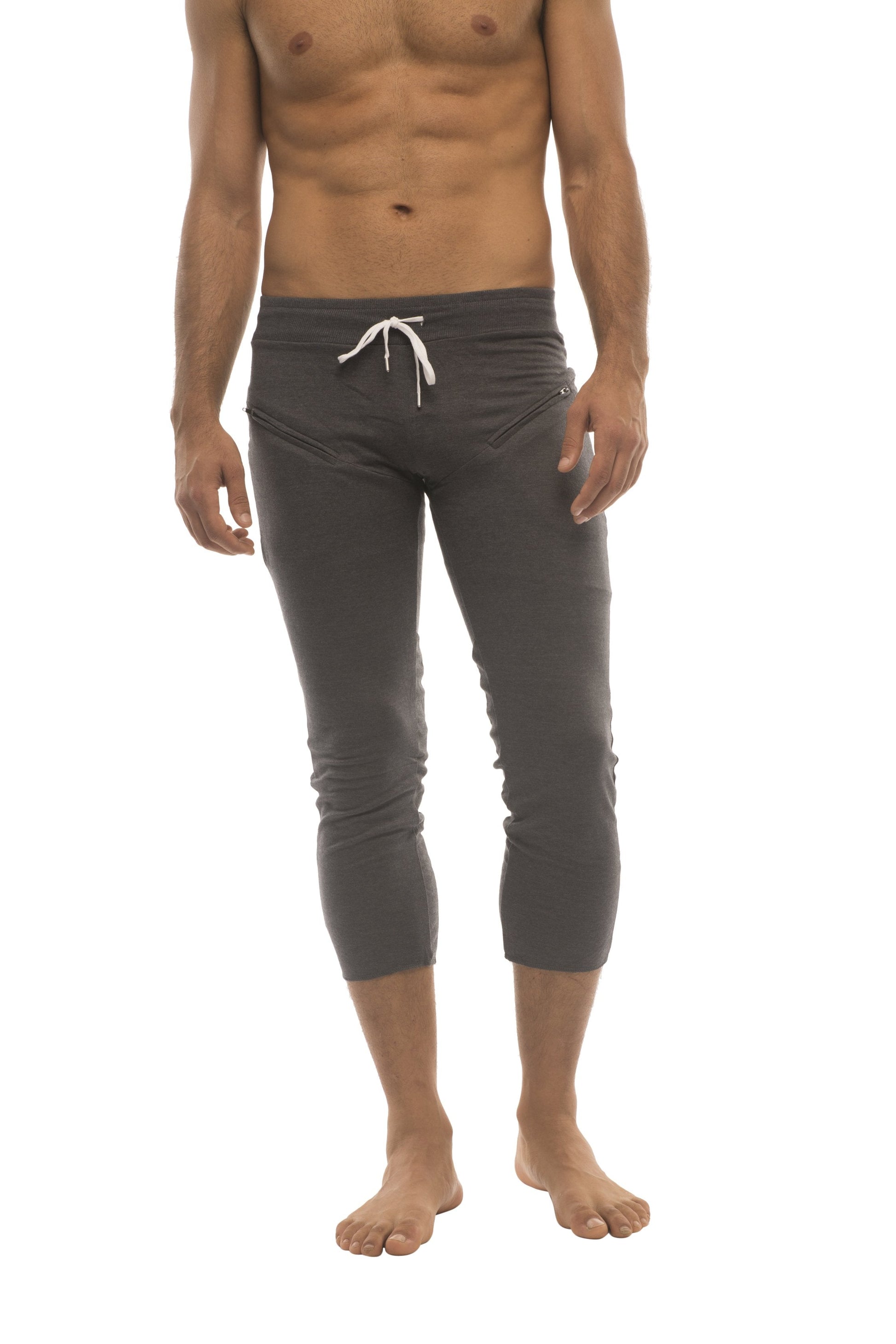 Mens solid charcoal capri yoga pants with white drawstring waistband and side zipper pockets