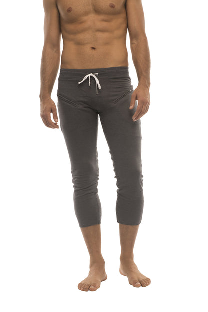 Mens solid charcoal capri yoga pants with white drawstring waistband and side zipper pockets