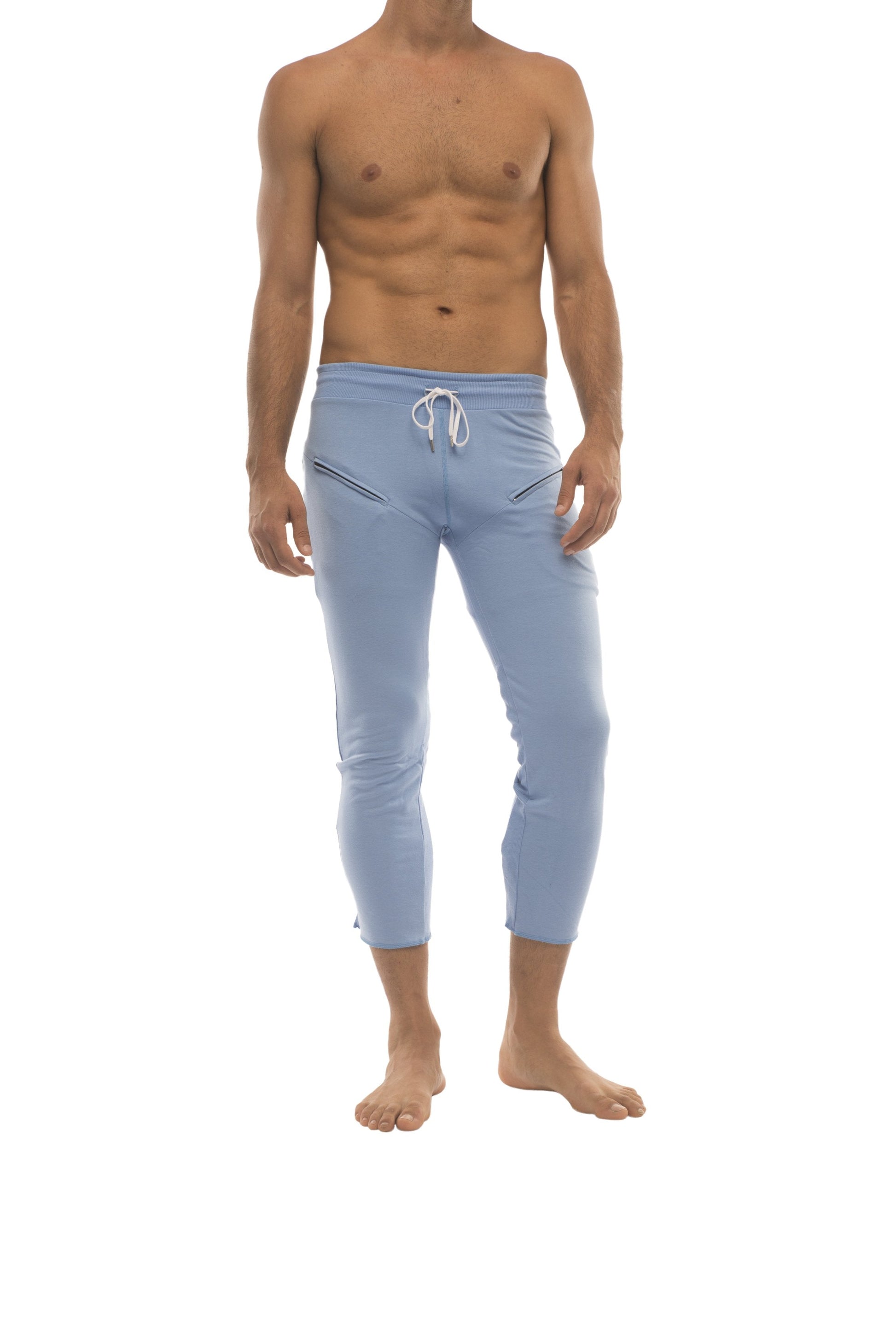 Mens ice blue form-fitting capri yoga pants with white drawstring waistband and side zipper pockets