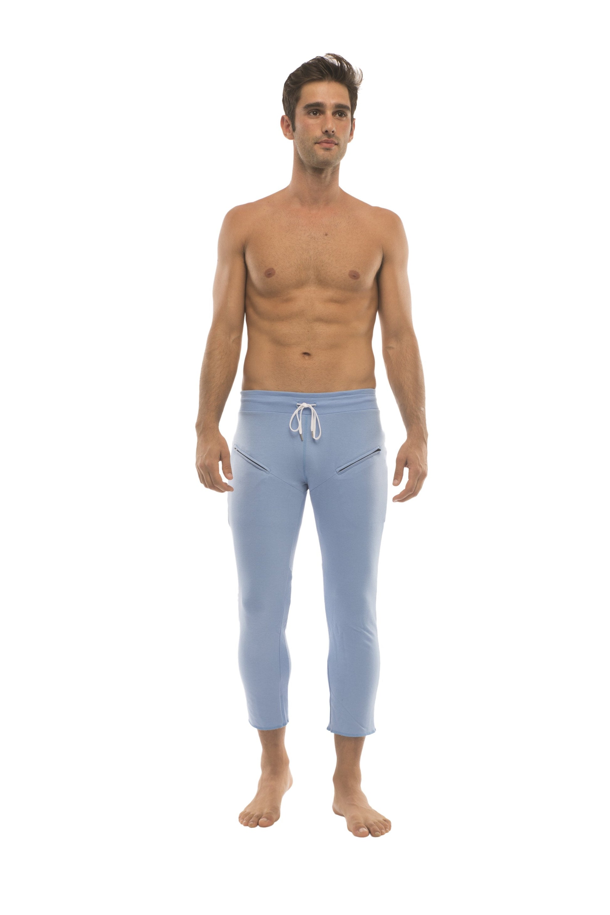 Mens ice blue capri yoga pants with white drawstring waistband and side pockets for athletic wear