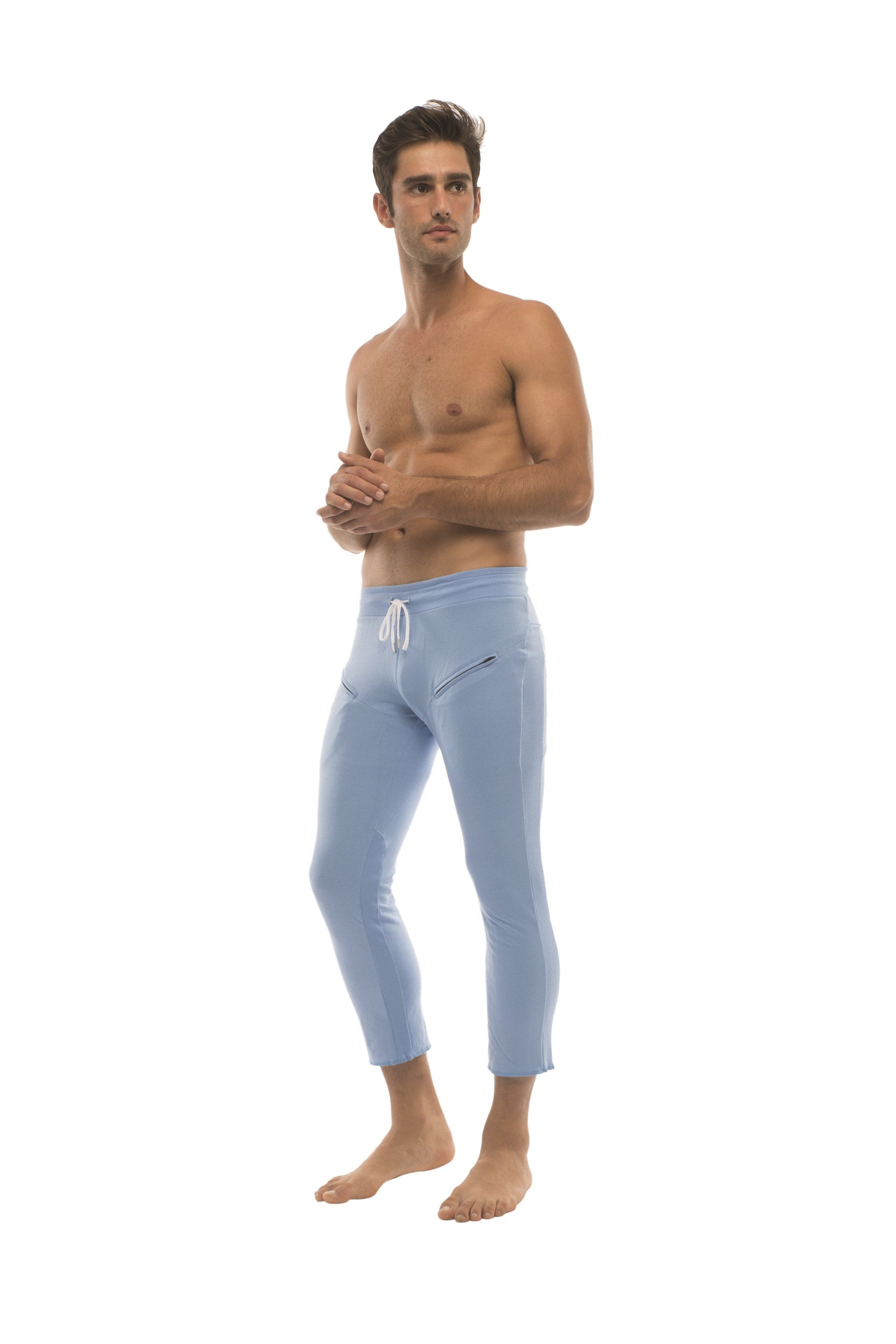 Light blue mens 4/5 zipper pocket capri yoga pants with drawstring waistband and side pockets