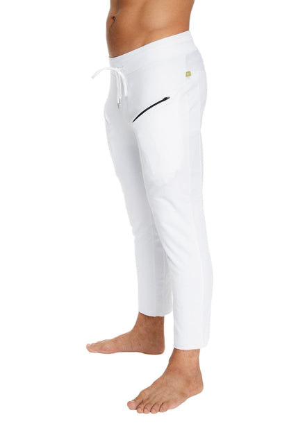 Mens white athletic joggers with a drawstring waistband and black zipper side pocket for yoga and casual wear