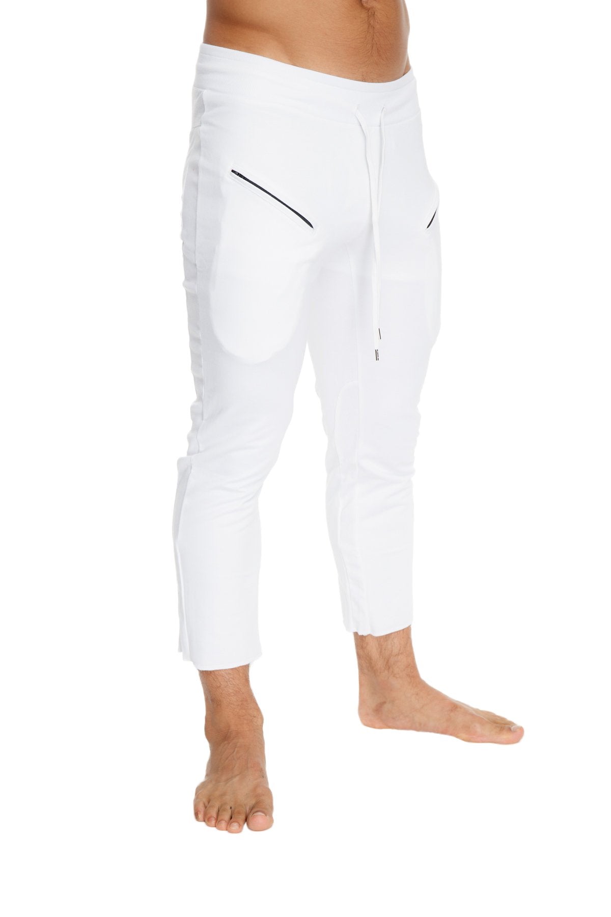 Mens white athletic joggers with black diagonal zipper pockets and drawstring waistband for yoga and casual wear