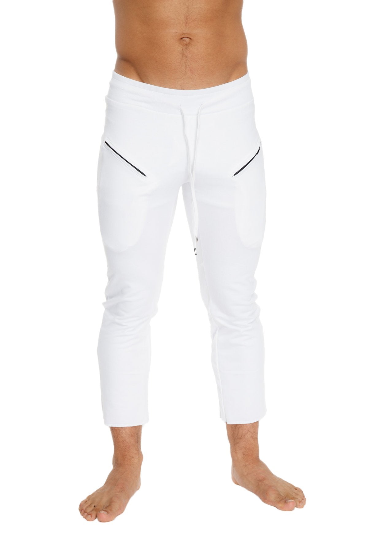 Mens 4/5 zipper pocket capri yoga pants in white with black diagonal side zippers and athletic jogger fit