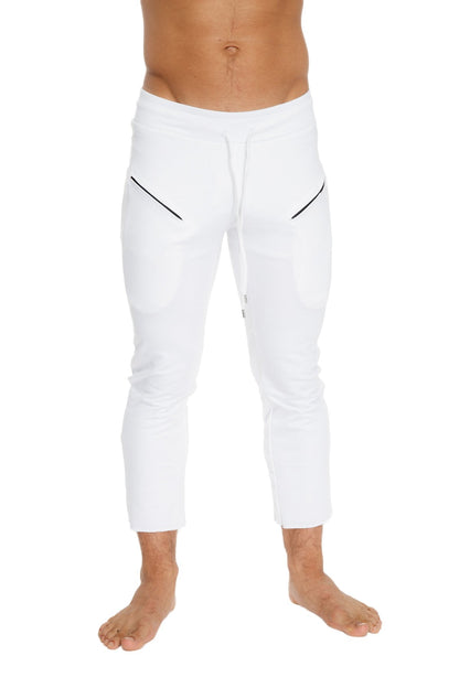 Mens 4/5 zipper pocket capri yoga pants in white with black diagonal side zippers and athletic jogger fit