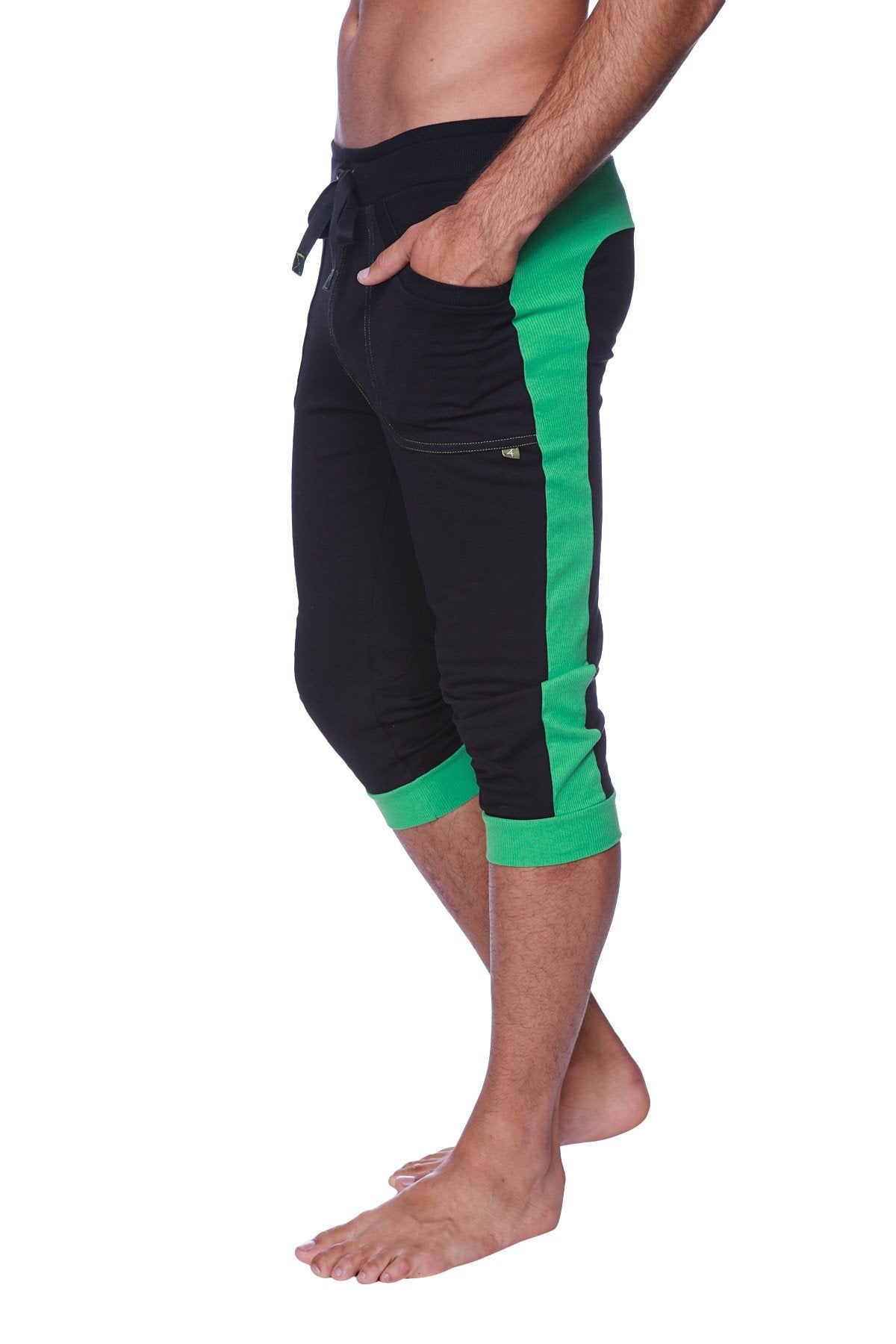 Mens cuffed yoga pants black w green with drawstring waistband side pockets and ribbed cuffs for athletic wear