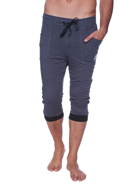 Mens cuffed yoga pants in charcoal heathered fabric with black drawstring waistband and contrasting black cuffs