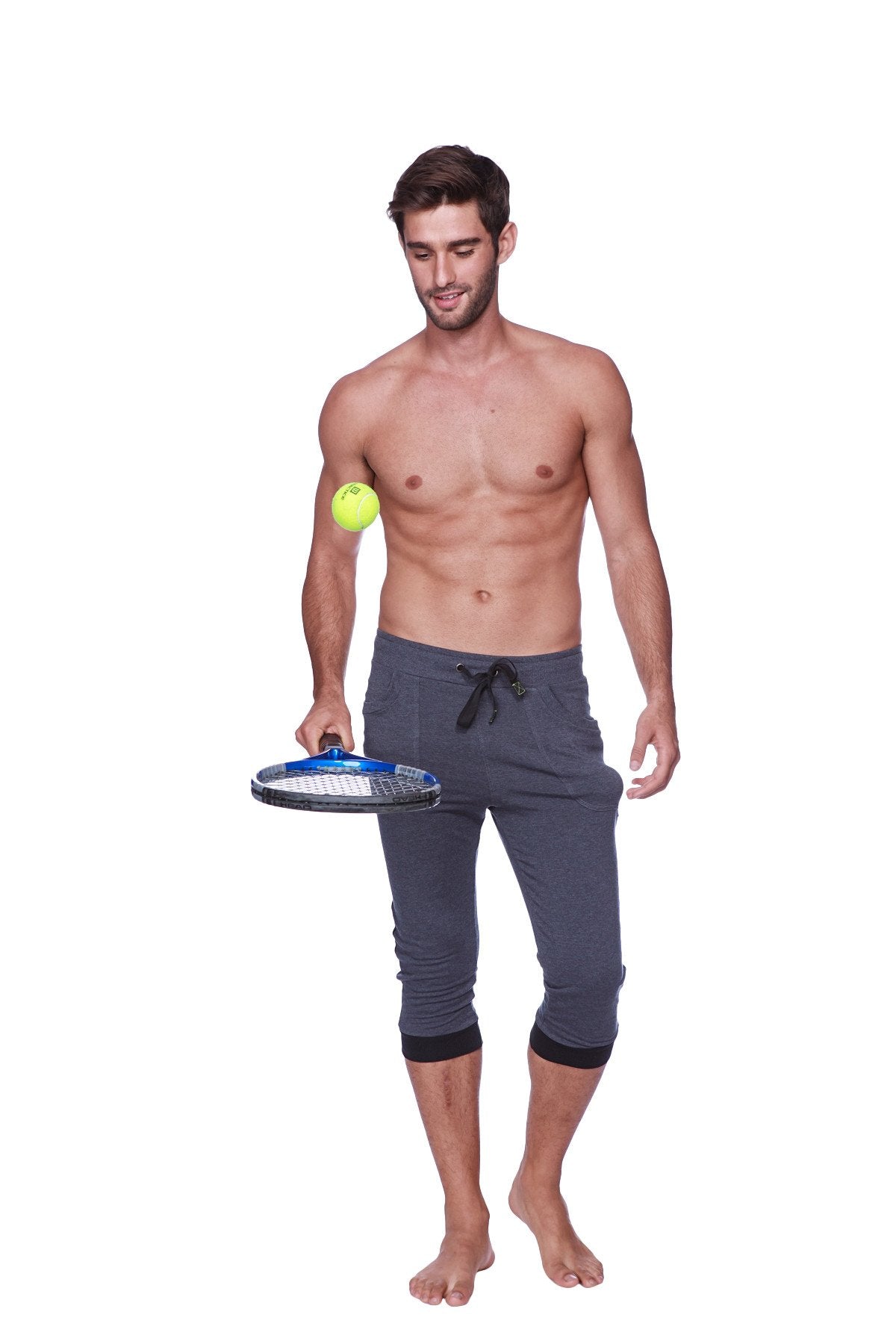 Mens cuffed yoga pants in charcoal with black drawstring elastic cuffs made from soft breathable fabric for exercise
