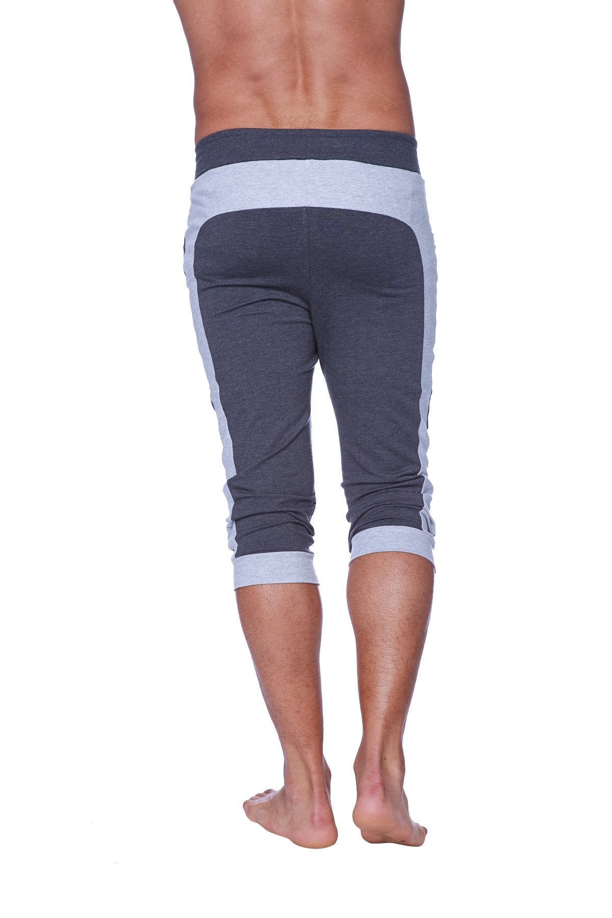 Mens cuffed yoga pants in charcoal with heather grey stripes made of soft stretchy fabric for comfort and flexibility