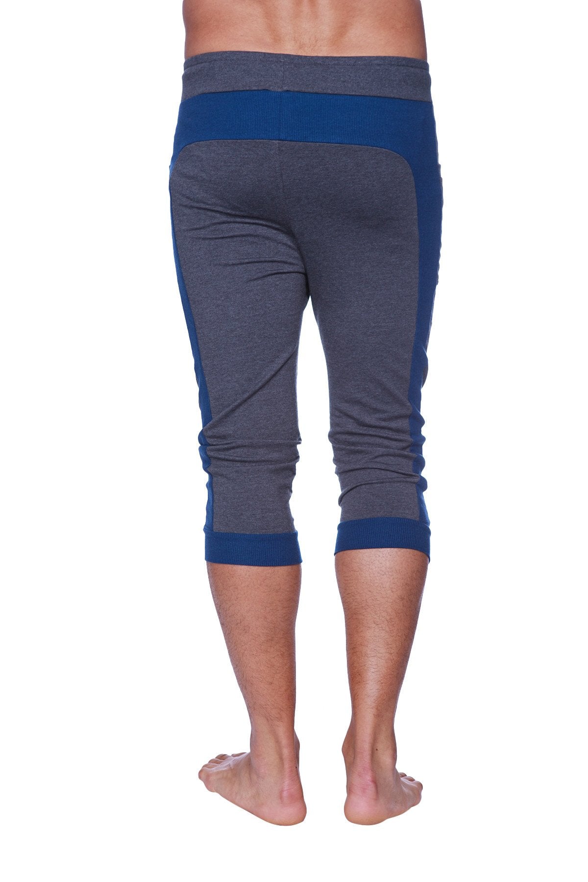 Mens cuffed yoga pants in charcoal and royal blue with ribbed cuffs and waistband made for athletic wear