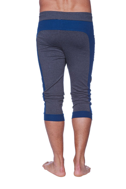 Mens cuffed yoga pants in charcoal and royal blue with ribbed cuffs and waistband made for athletic wear