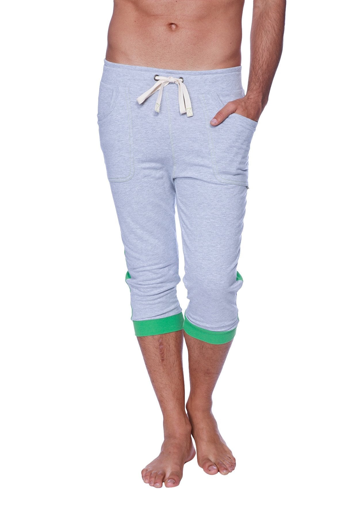 Light gray heathered mens cuffed yoga pants with green cuffs and white drawstring waistband for comfort and style