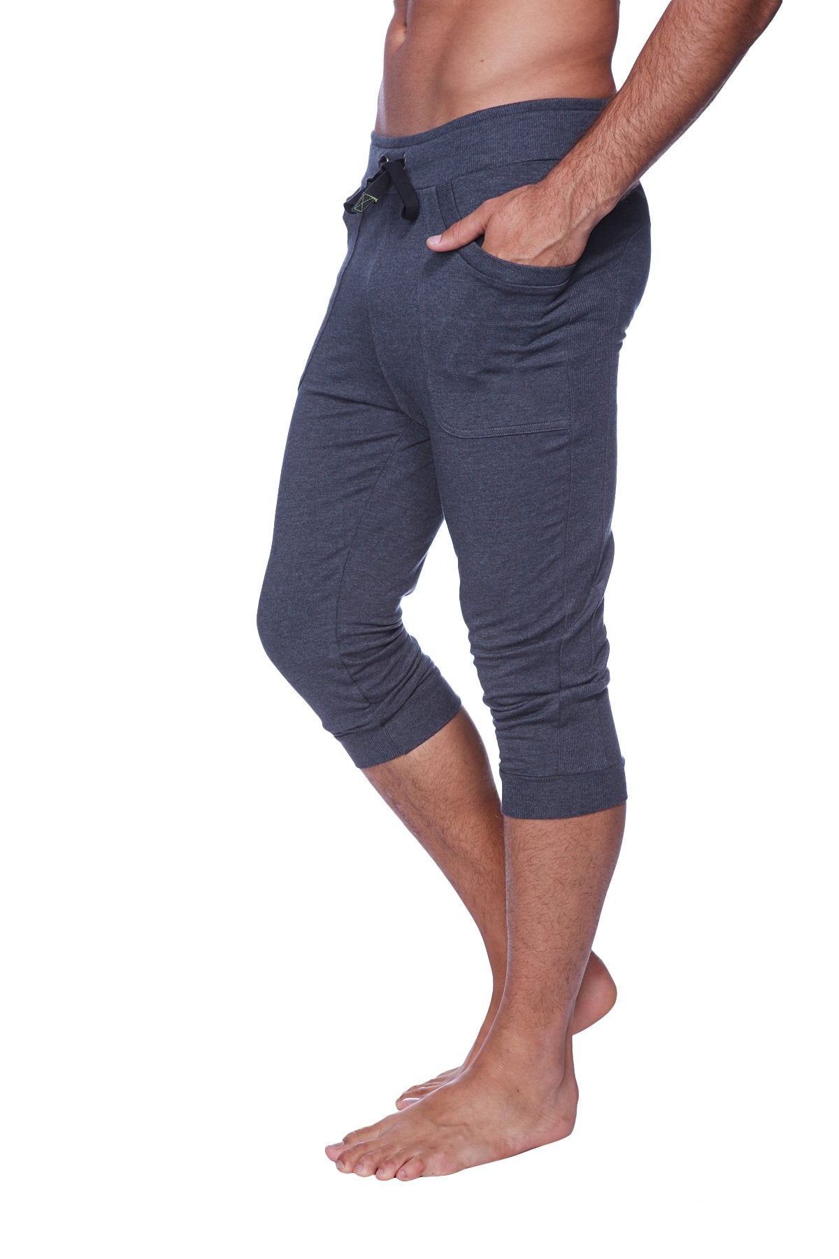 Mens cuffed yoga pants in solid charcoal with soft textured fabric drawstring waistband and side pockets