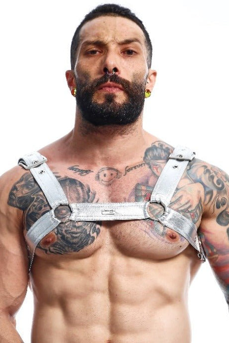 Mens faux leather harness metallic silver with adjustable straps and circular metal buckles in a leather design