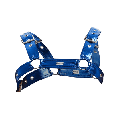 Mens faux leather harness in vibrant blue metallic with silver hardware and branded tags