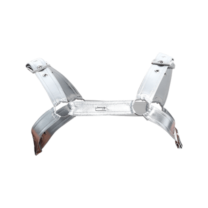 Mens faux leather harness metallic silver with reflective finish and adjustable straps for a secure fit