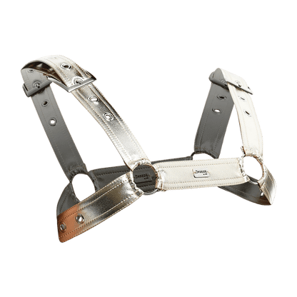 Mens faux leather harness in silver and white with metallic hardware for stylish and bold wear