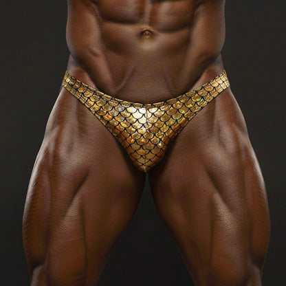 MetroMaleWear PosingWear shiny gold scale-patterned men’s briefs metallic mermaid gold posing suit front view