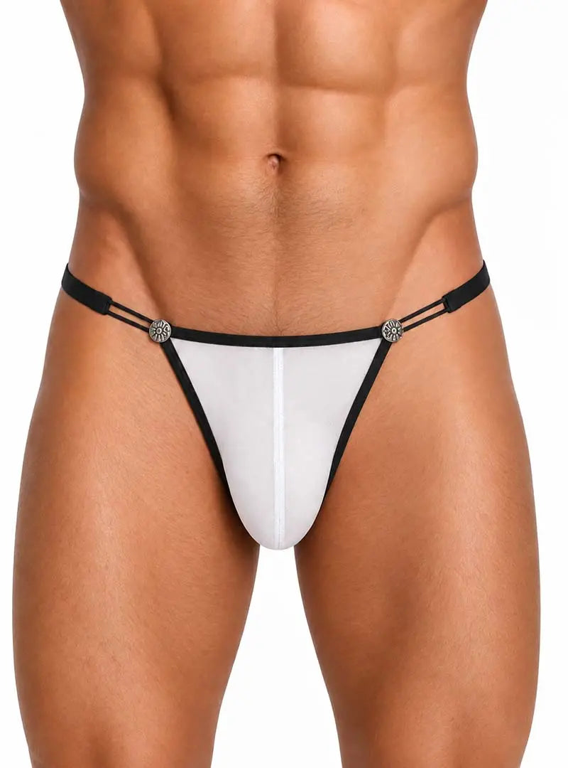 Men's white mesh jockstrap with black straps and decorative details worn by a model by Undergear