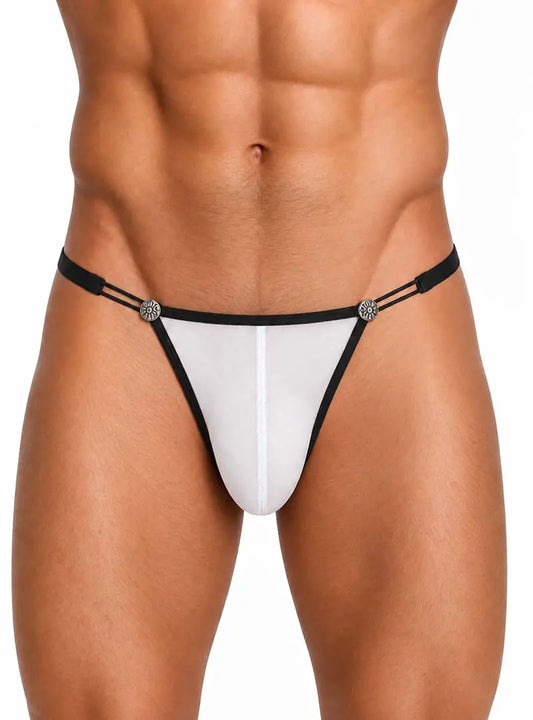 Men's white mesh jockstrap with black straps and decorative details worn by a model by Undergear