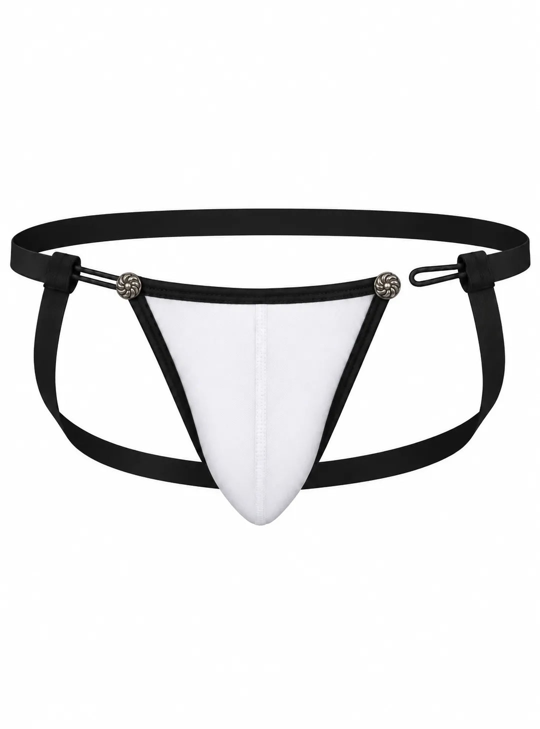 White mesh jockstrap with black straps and decorative metal details designed by Undergear