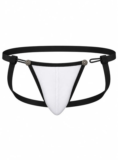 White mesh jockstrap with black straps and decorative metal details designed by Undergear