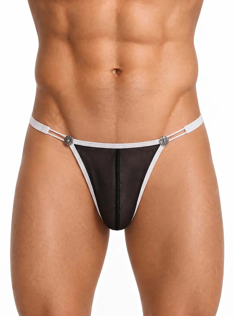 Black mesh jockstrap with white straps and decorative details worn by a model from Undergear