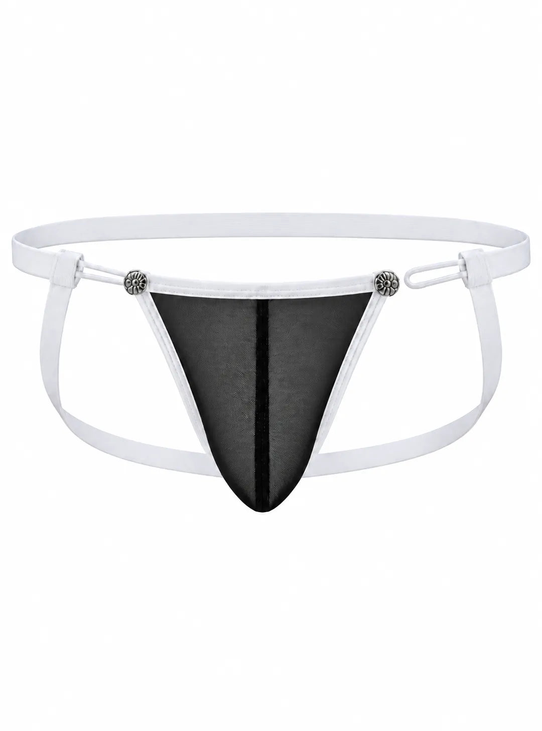Black mesh jockstrap with white straps and decorative metal accents by Undergear