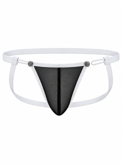 Black mesh jockstrap with white straps and decorative metal accents by Undergear