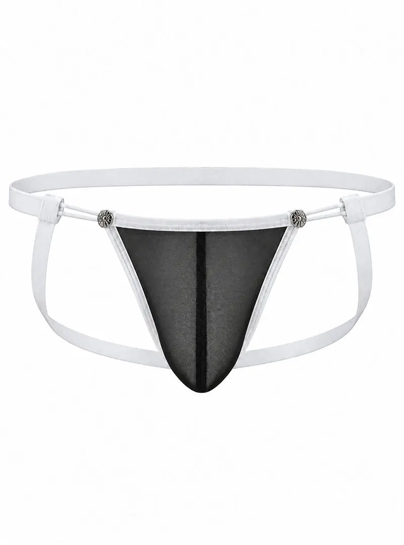 Black mesh jockstrap with white straps and decorative buttons designed by Undergear featuring a comfortable fit and minimal coverage